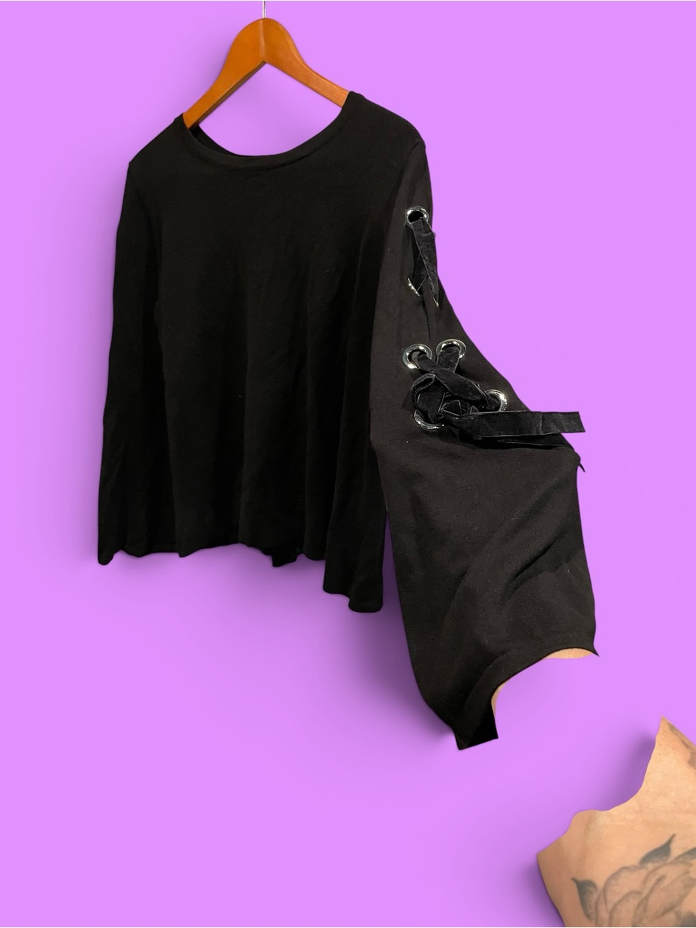 Cute black whimsigoth soft bell sleeve eyelet velvet coquette sweater scoop neck
